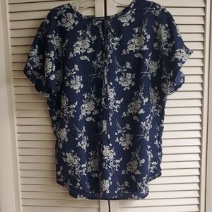 SHEIN Navy Floral Tie-Back Short Sleeve Blouse